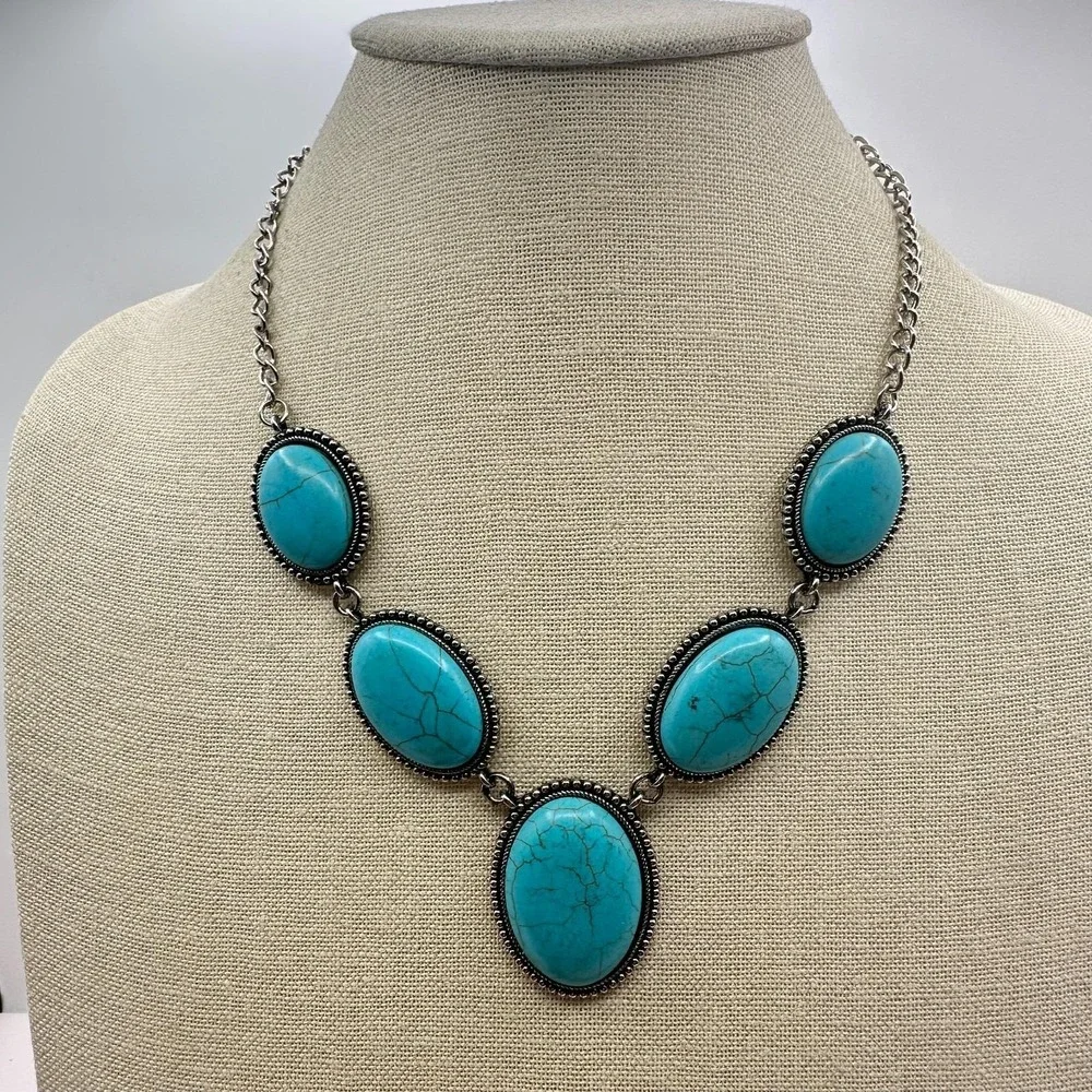 VTG Silver Tone Turquoise Color Bib‎ Necklace Chunky Statement Bold Boho Retro